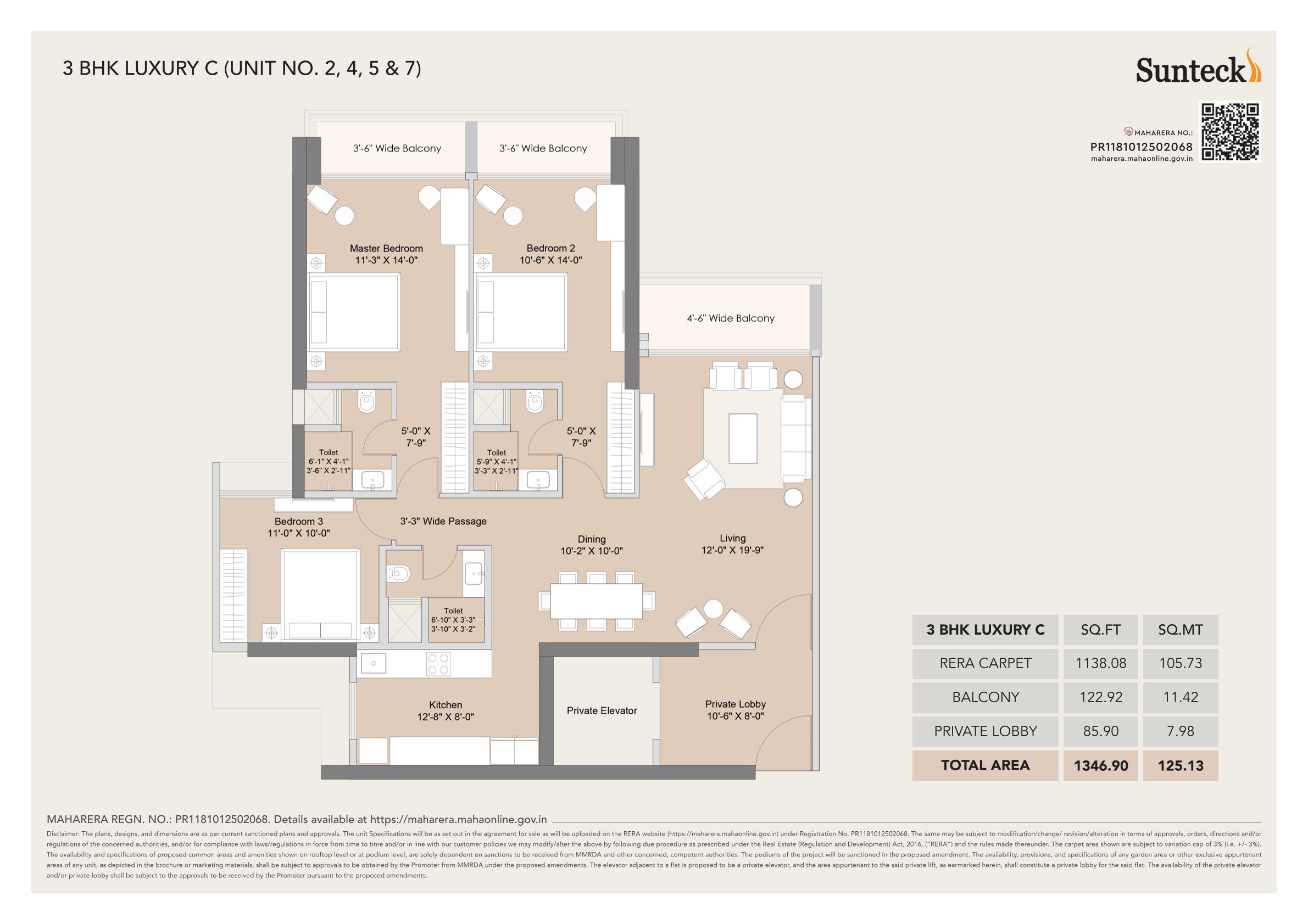 3 BHK Floor Plan - 1346 sq ft